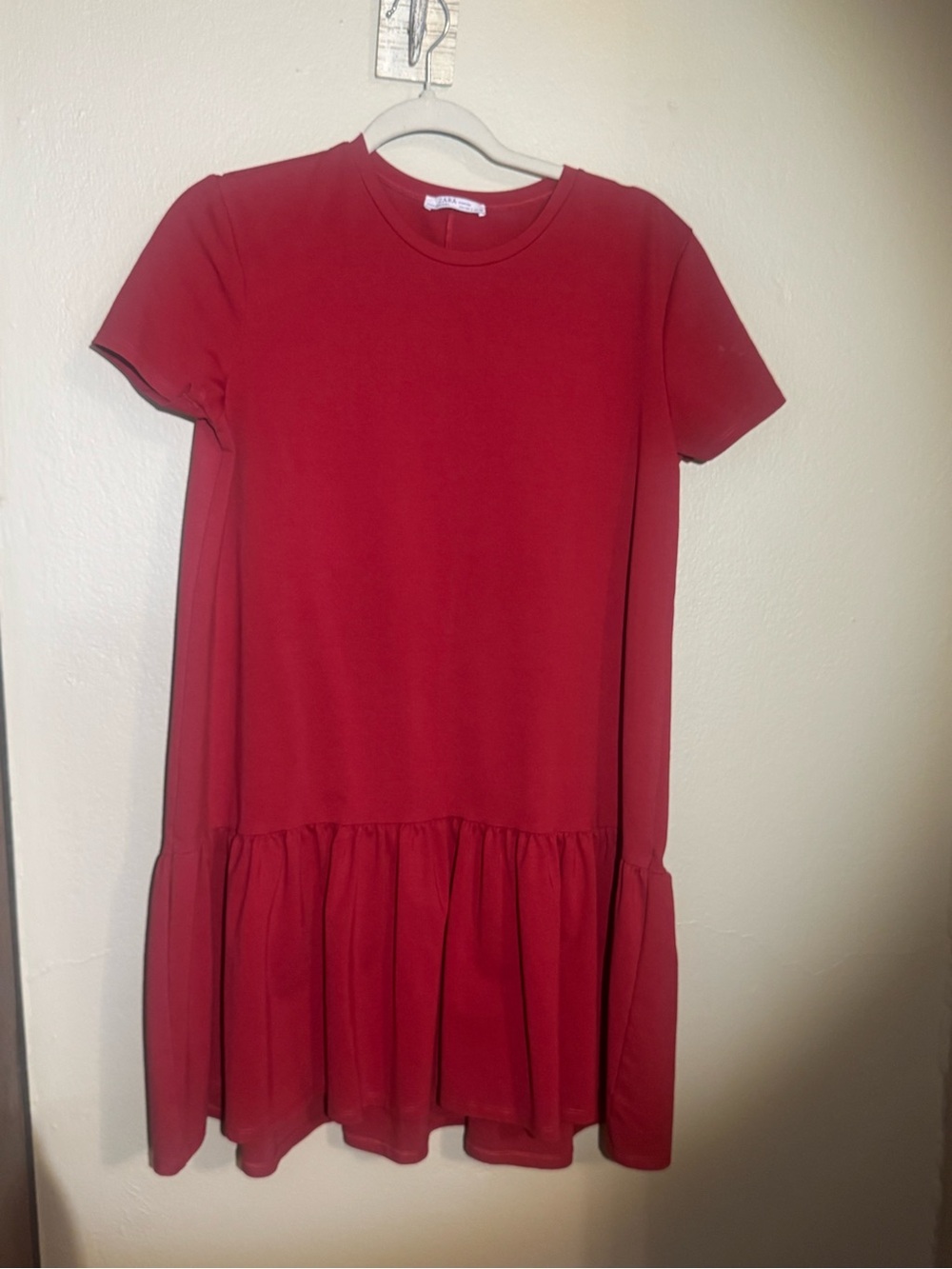 Zara Red Short Sleeve Ruffle-Hem Casual Dress